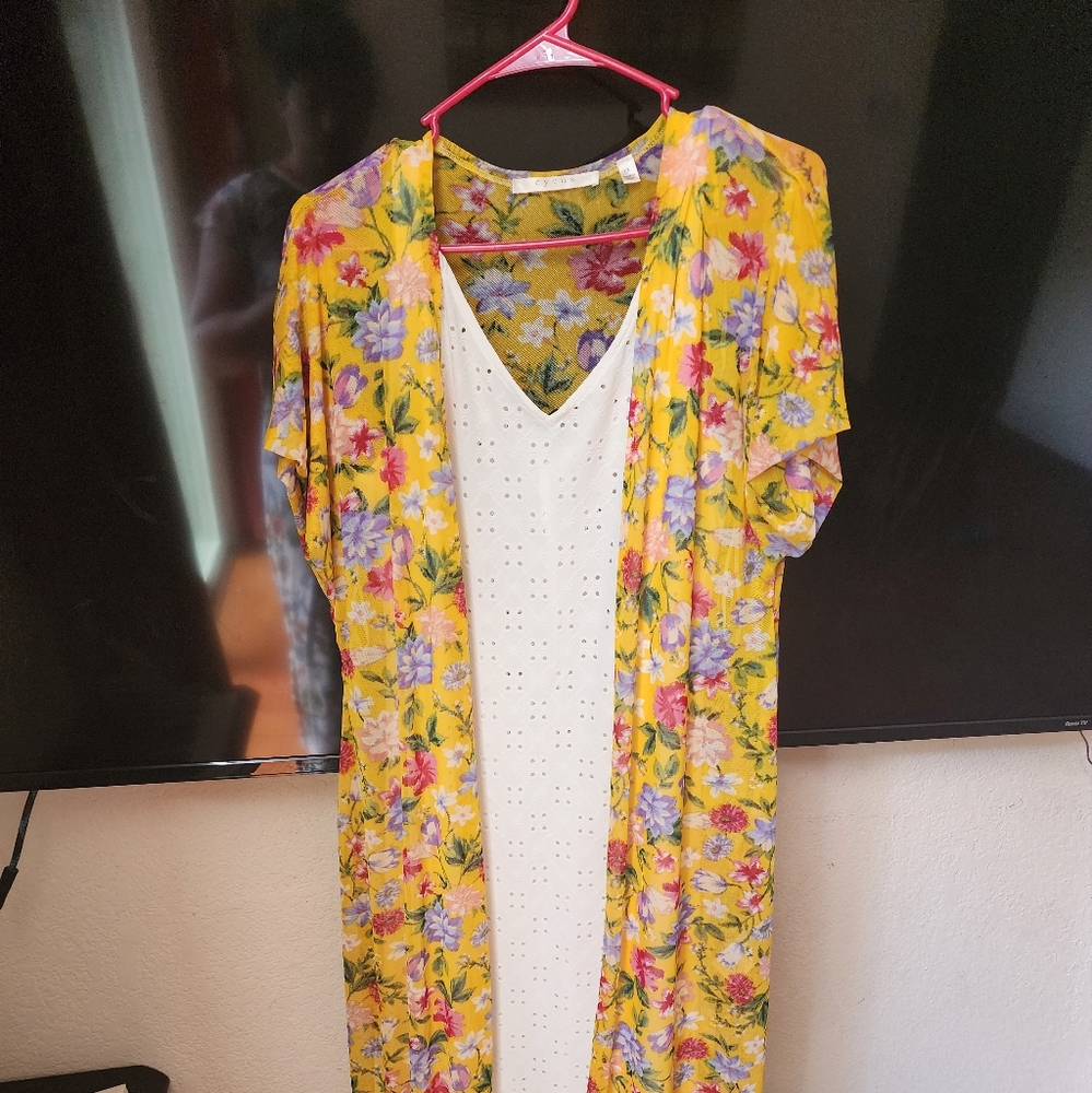 Colorful floral yellow netted long cardign